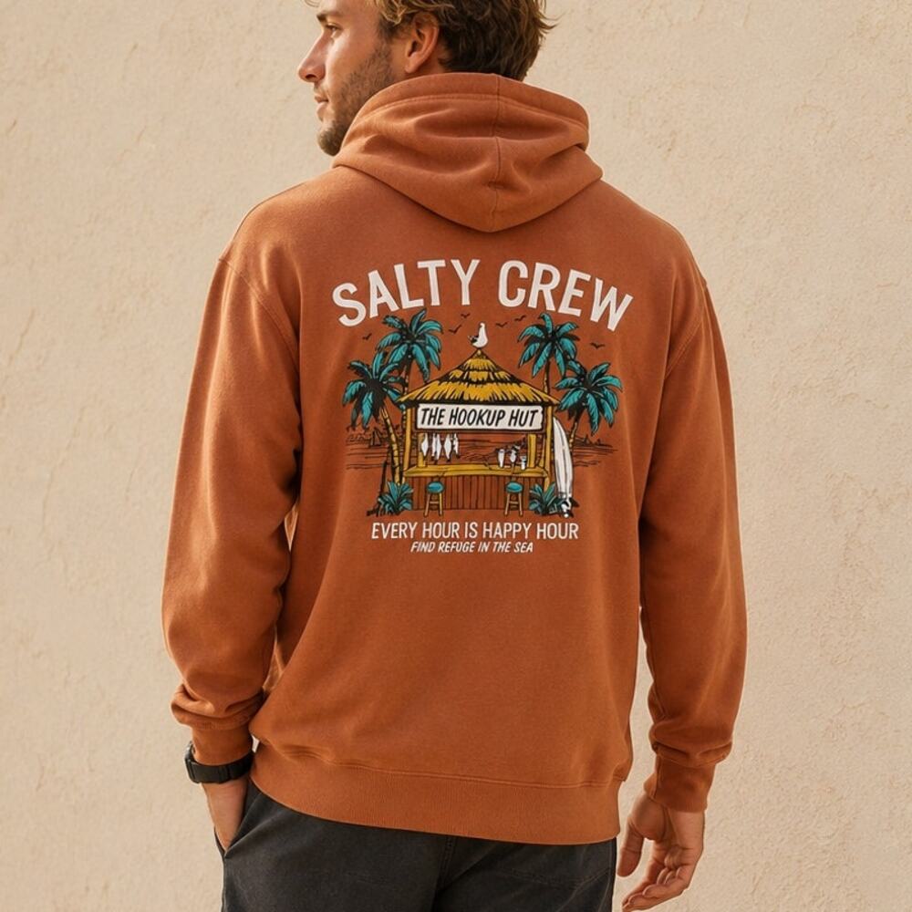 Salty Crew Hookup Hut Brown Graphic Hoodie Large Surf Fishing Pullover Coastal